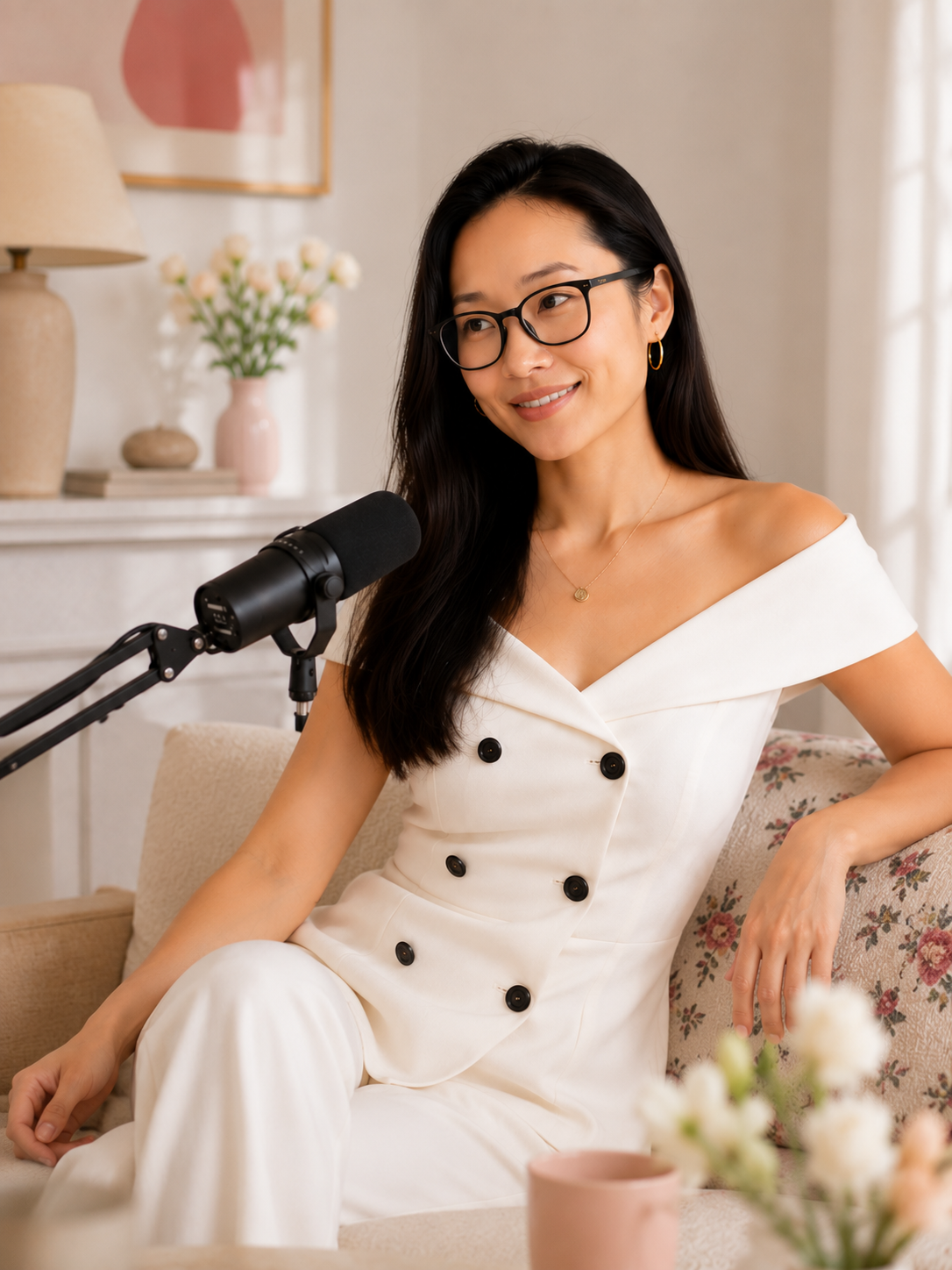 Tea recording the podcast in a white dress
